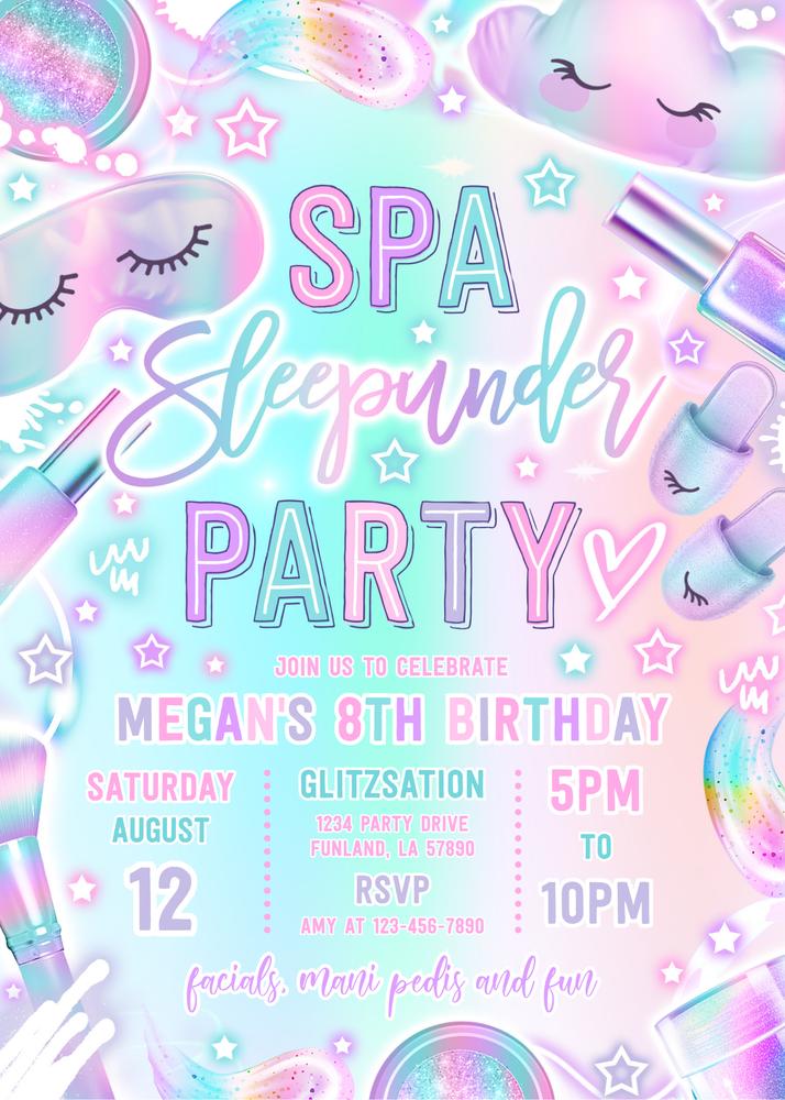 Neon Glow Spa Sleepover Birthday Invitation | Editable Canva Template Y7T