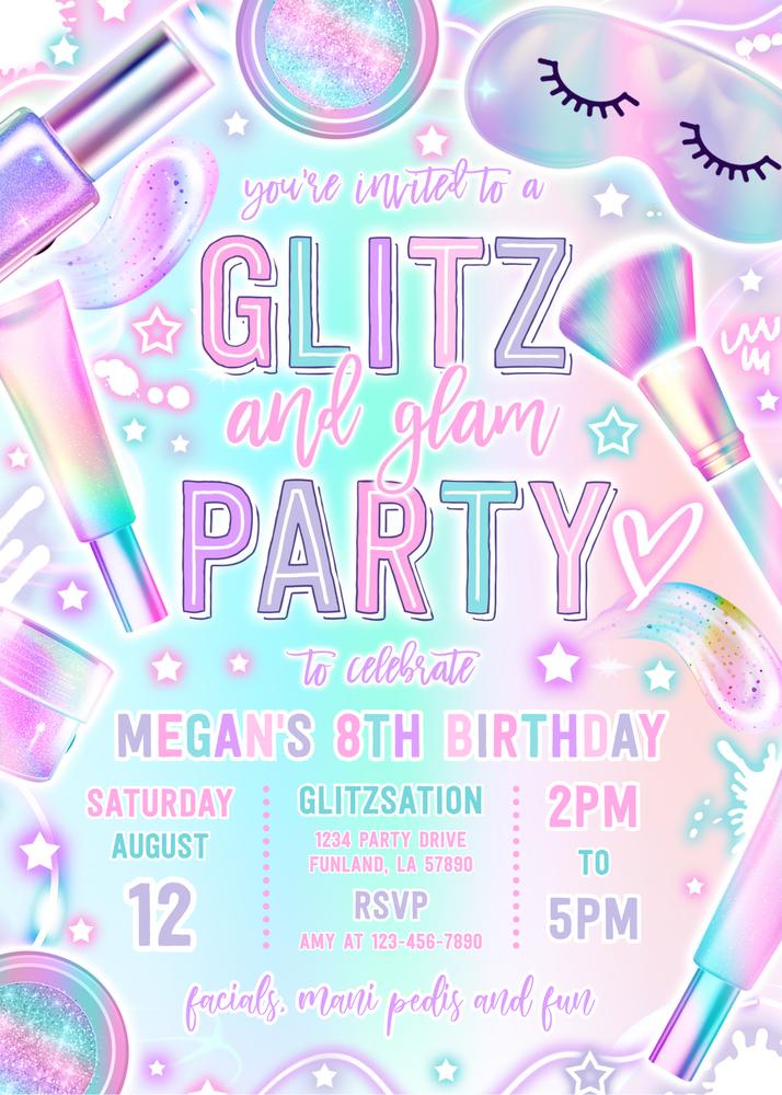 Glitz and Glam Spa Makeup Birthday Invitation - Editable Canva Template