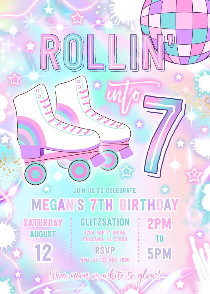 Neon Roller Skating 7th Birthday Invitation | Glow Party Canva Template