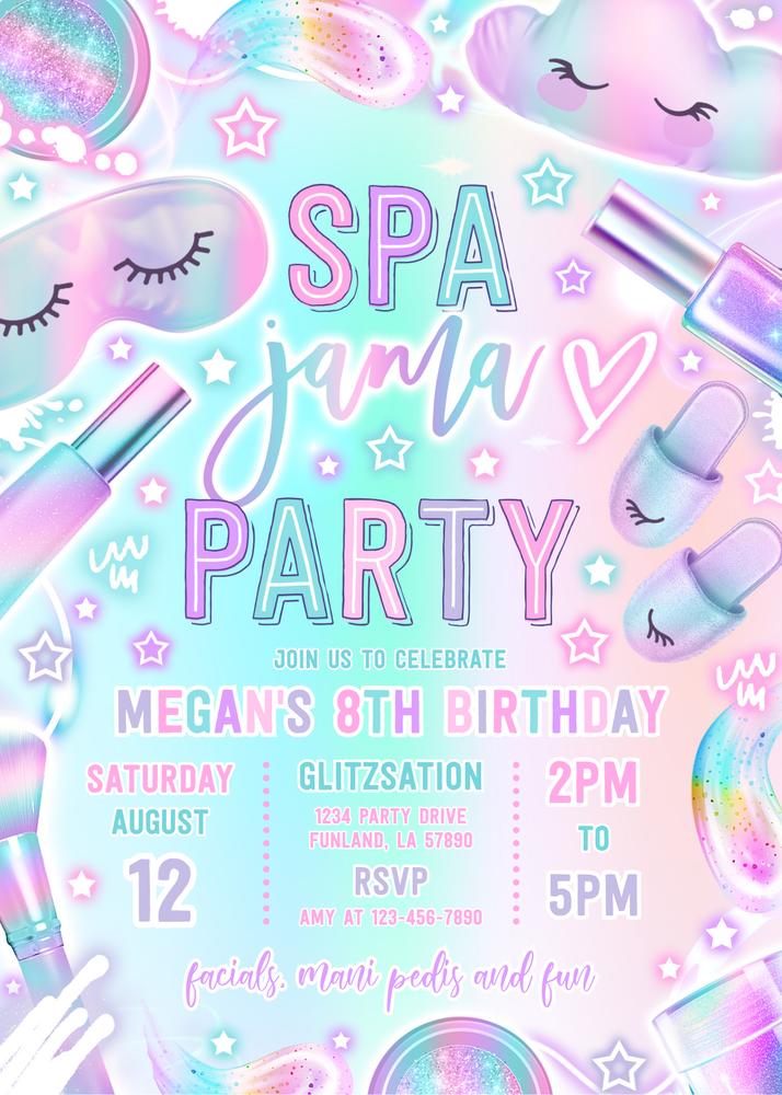 Neon Glow Spa & Sleepover Birthday Invitation | Editable Canva Template