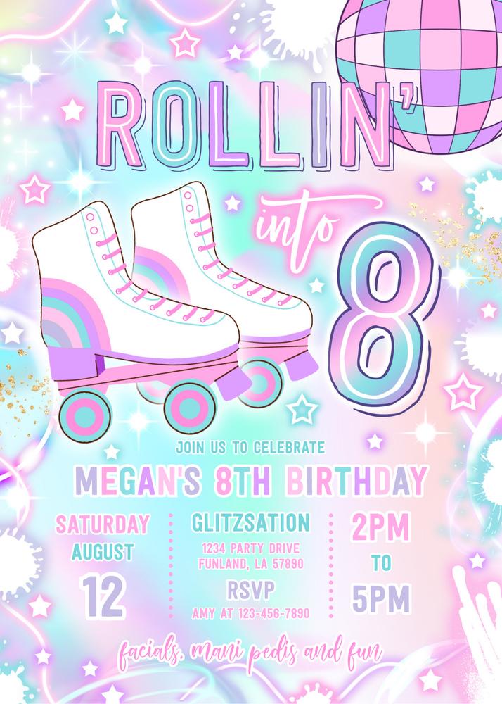 Neon Roller Skating 8th Birthday Invitation | Glow Party Canva Template