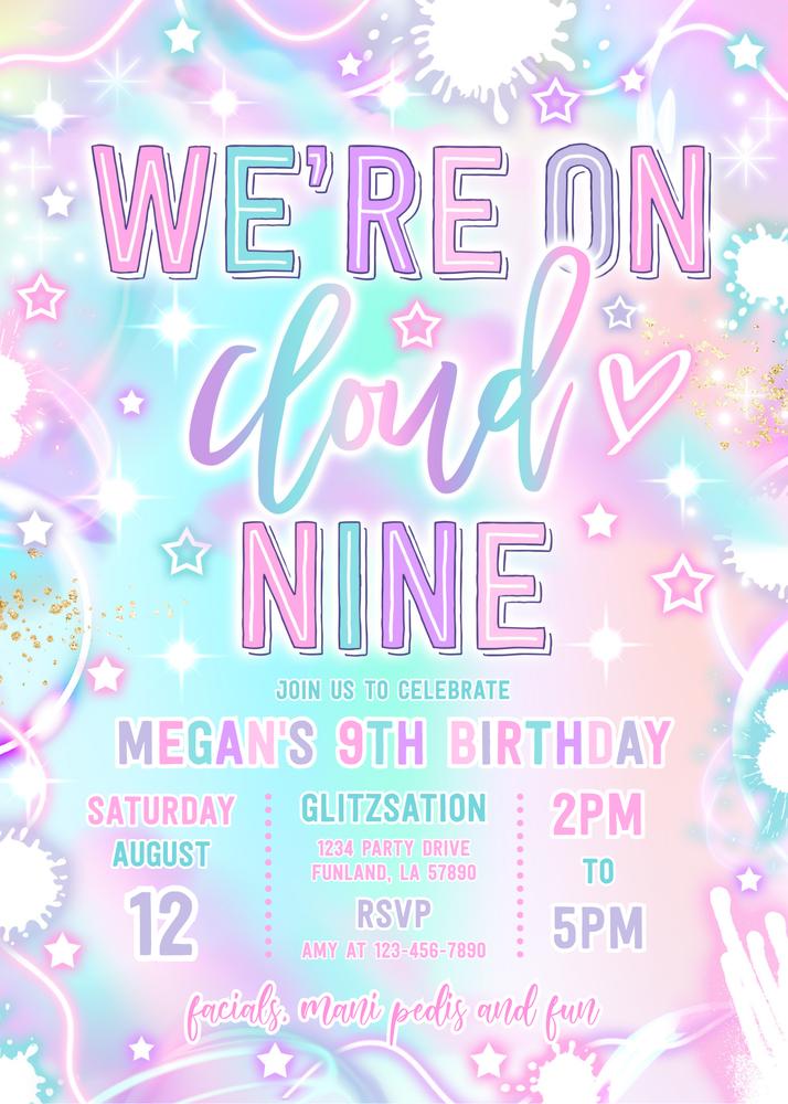 Cloud 9 Pastel Neon Birthday Invitation | Editable Canva Template