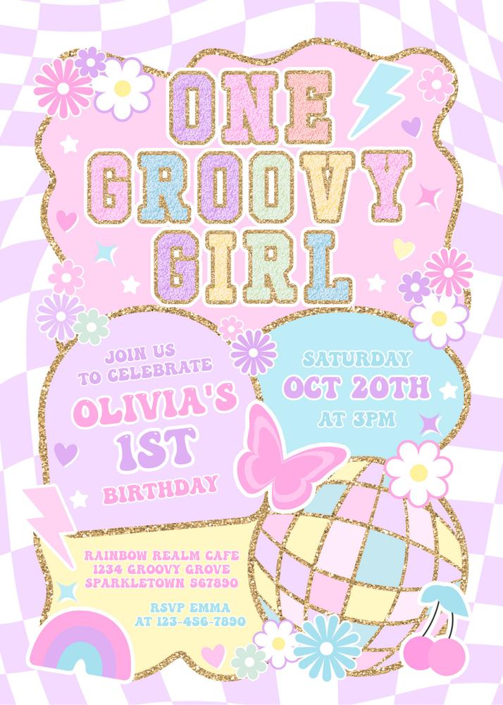 One Groovy Girl 1st Birthday Invitation | Retro Disco Varsity Canva Template