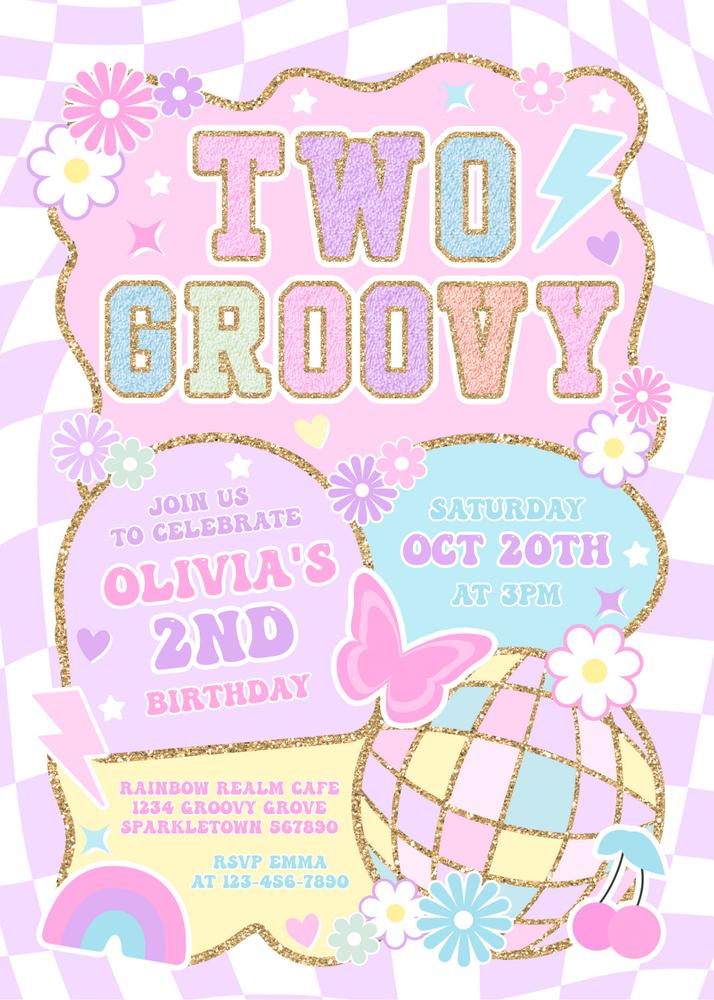 Two Groovy 2nd Birthday Invitation | Editable Varsity Preppy Canva Template