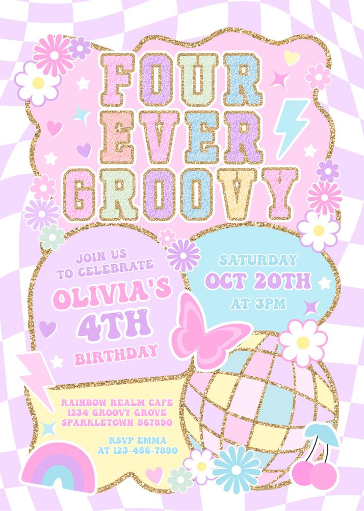 4th Birthday Invitation | Four Ever Groovy Retro Varsity Preppy Canva Template