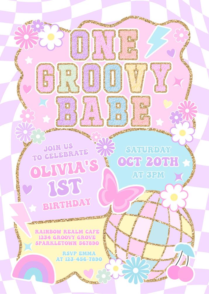 One Groovy Babe 1st Birthday Invitation | Retro Disco Varsity Canva Template
