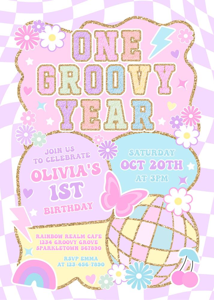 Editable One Groovy Year 1st Birthday Invitation, Preppy Disco Pink Canva Template