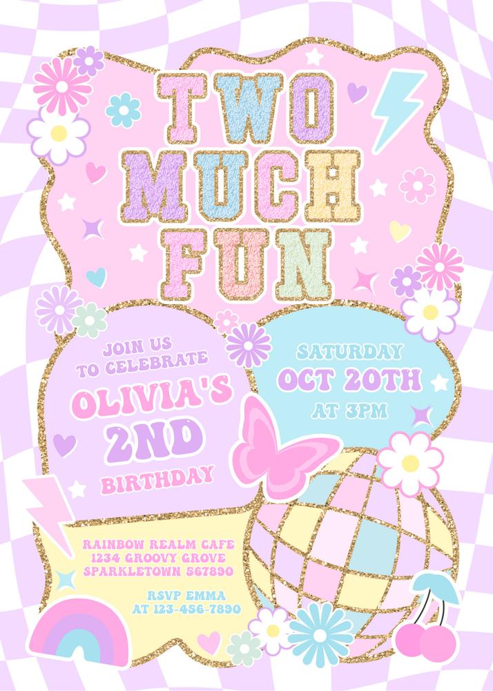 Two Much Fun Varsity 2nd Birthday Invitation | Editable Canva Template