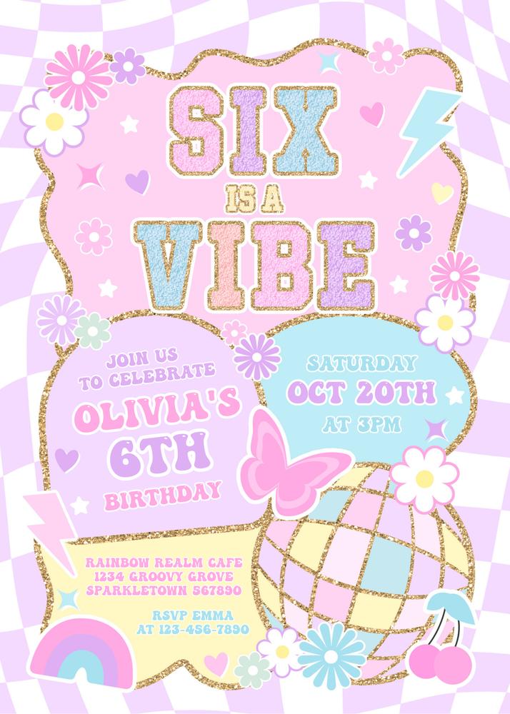 Six Is A Vibe 6th Birthday Invitation | Preppy Pink Editable Canva Template