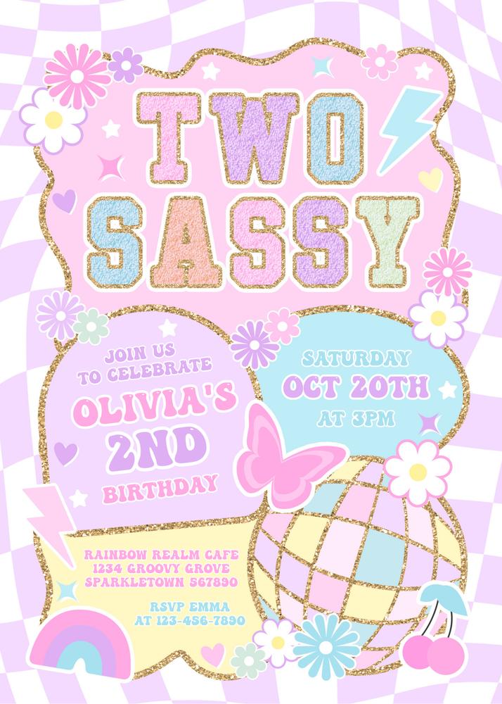 Two Sassy 2nd Birthday Invitation | Pink Varsity Preppy Canva Template