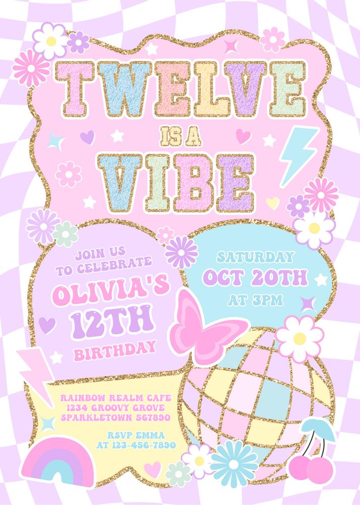 Preppy Twelve Is A Vibe 12th Birthday Invitation | Editable Canva Template
