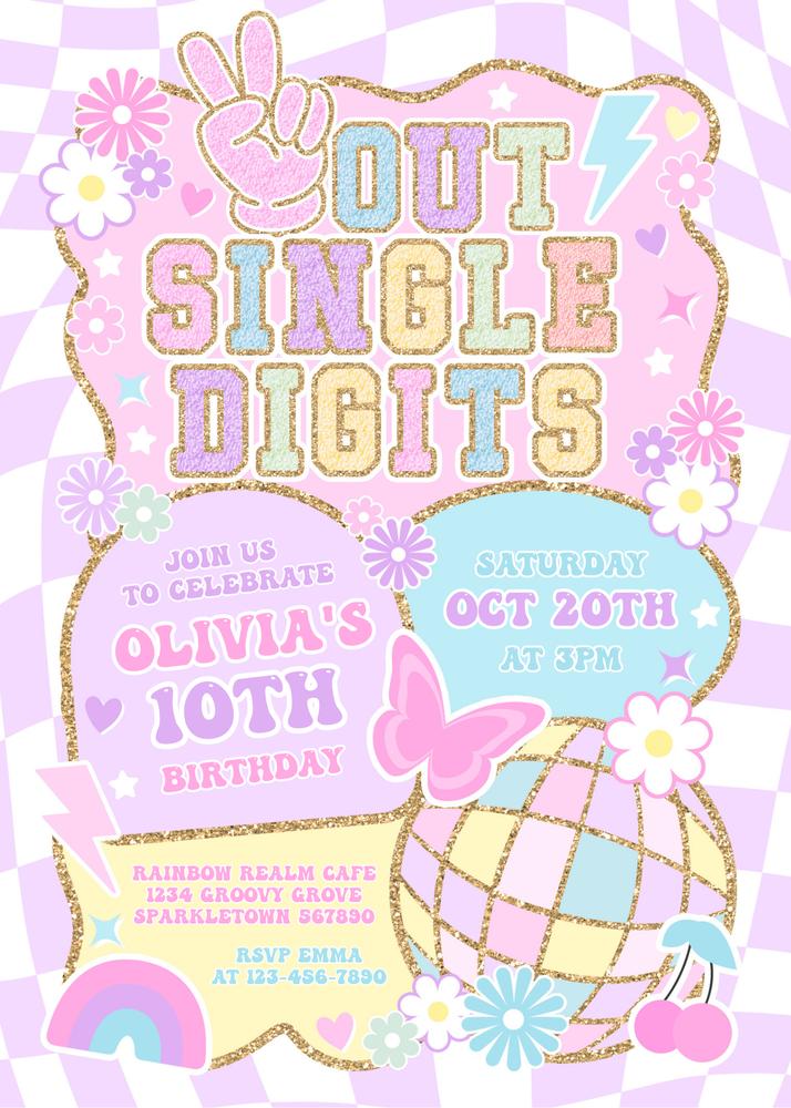 Peace Out Single Digits 10th Birthday Invite | Retro Groovy Canva Template