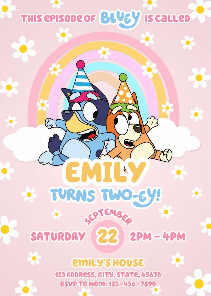 Bluey and Bingo Girl Pink Daisy Birthday Invitation Canva Template