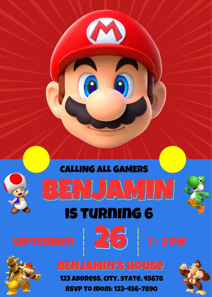 Super Mario Birthday Invitation Template | Editable Red & Blue Boy Party Invite