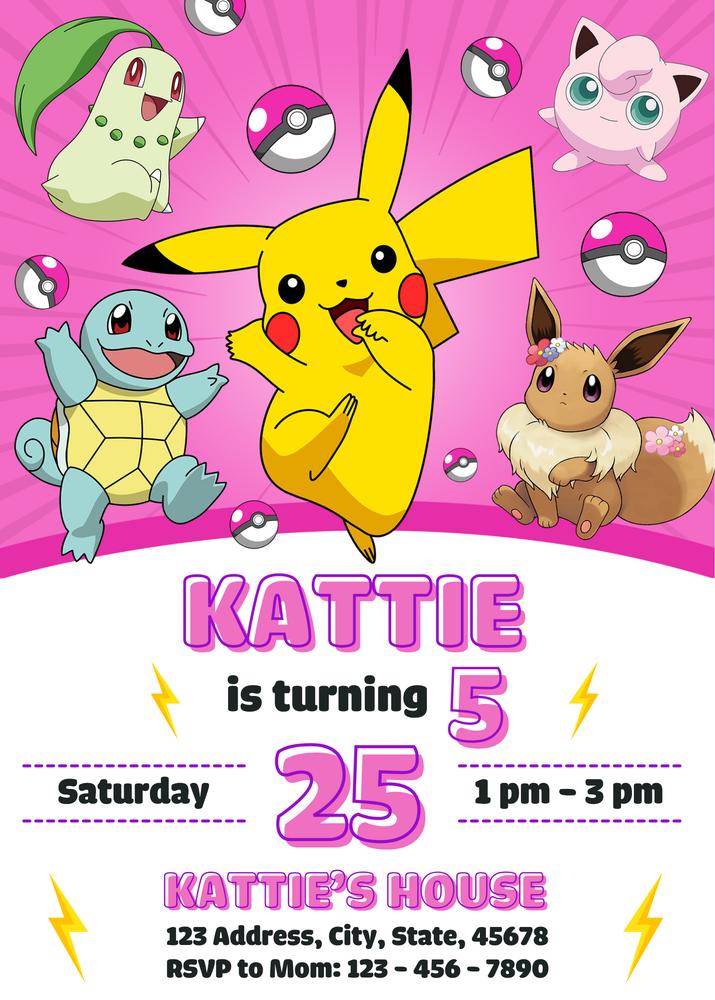 Pokemon Girl Birthday Invitation | Editable Canva Template Pink Pikachu Party