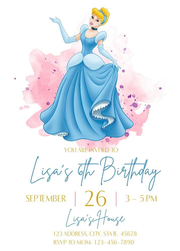 Cinderella Blue and Pink Birthday Invitation Template - Editable Canva Invite