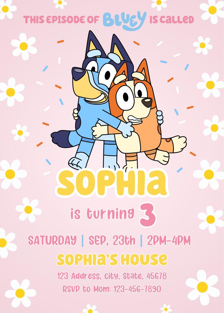 Editable Bluey and Bingo Pink Daisy Birthday Invitation - Canva Template