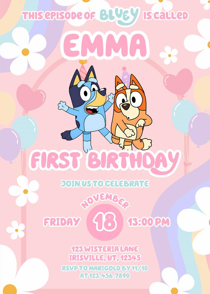 Bluey Pink Rainbow Daisy 1st Birthday Invitation | Editable Canva Template