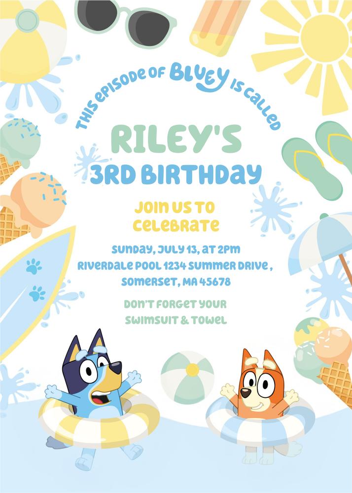 Editable Bluey and Bingo Pool Party Invitation | Canva Template 5x7