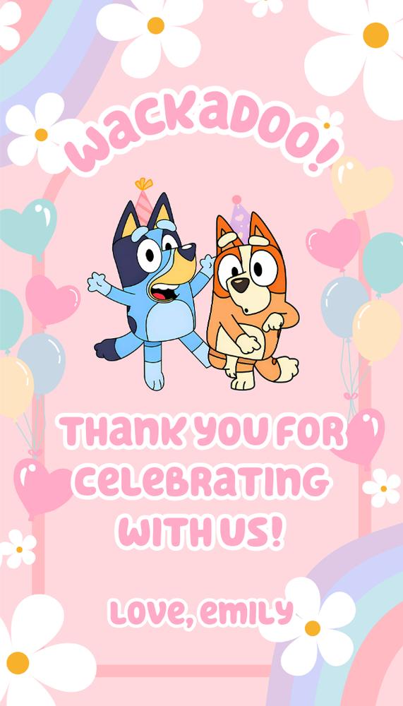 Editable Bluey Girl Birthday Thank You Tag, Pink Daisy Party Favor Label
