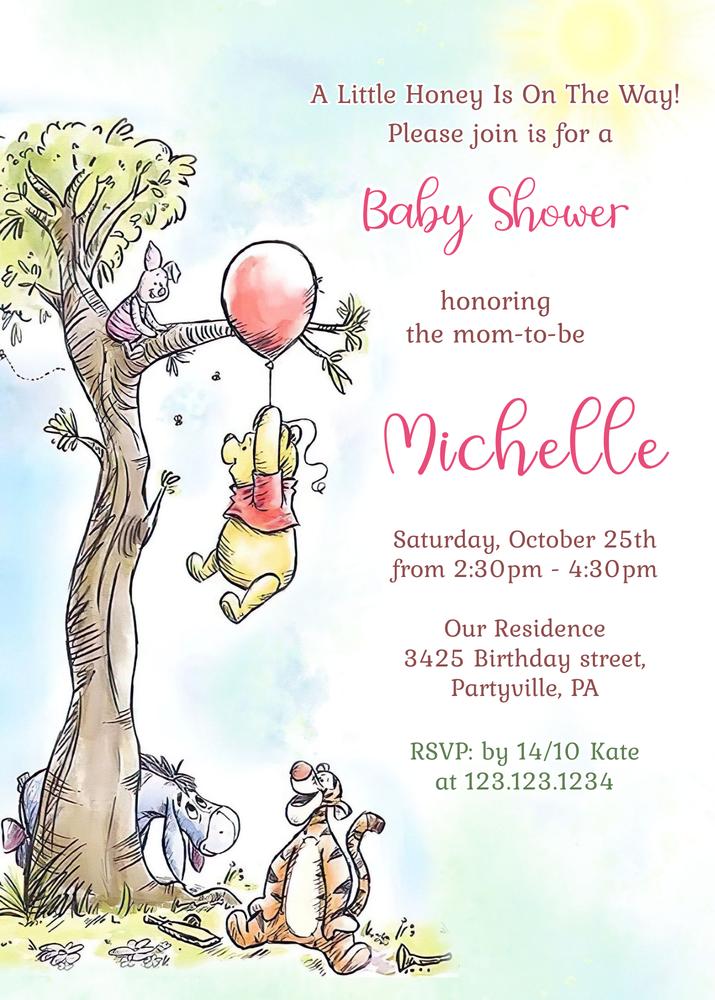 Winnie The Pooh Vintage Pink Baby Shower Invitation | Editable Canva Template