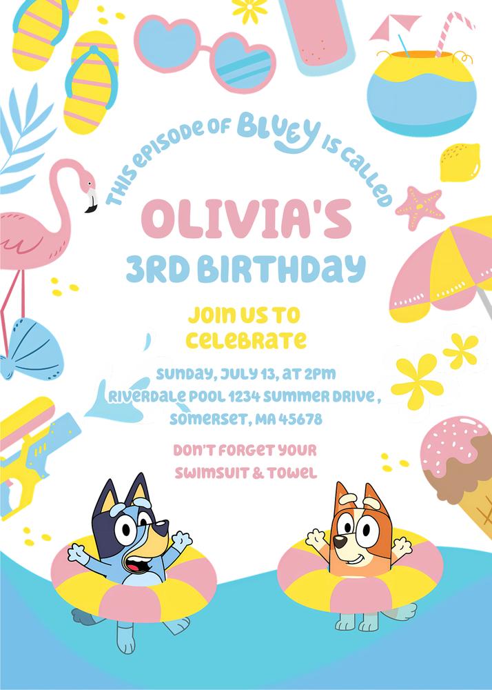 Bluey Pink Pool Party Birthday Invitation | Editable Canva Template