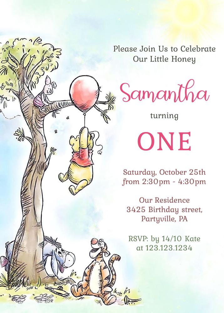 Winnie the Pooh Vintage Girl Birthday Invitation | Editable Canva Template