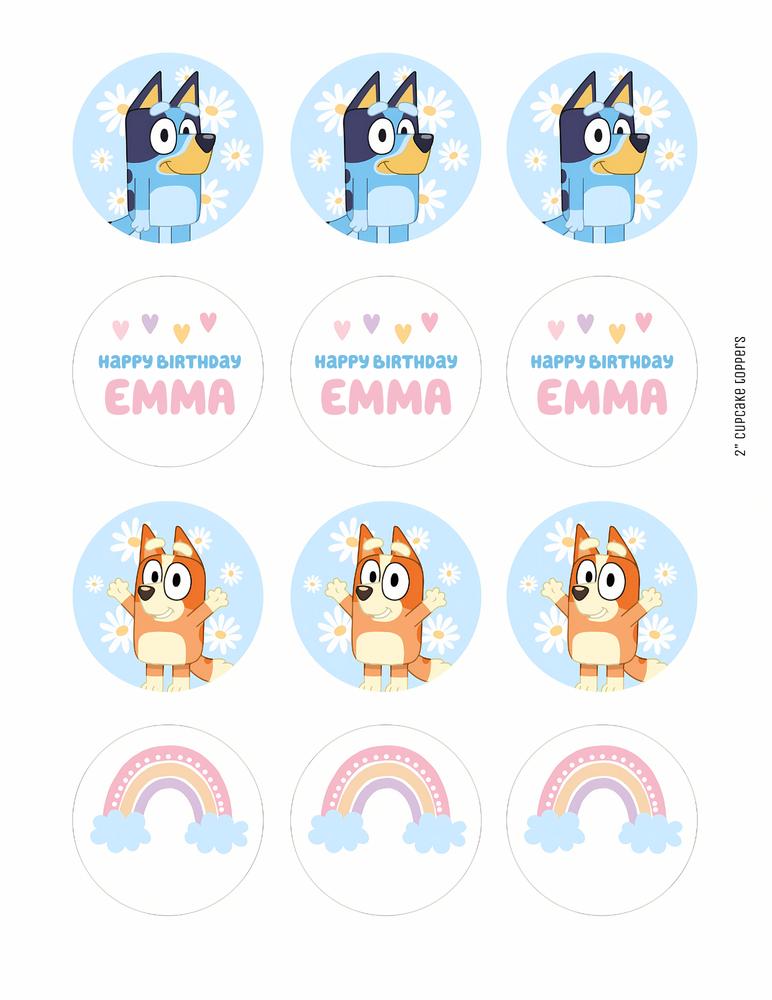 Bluey & Bingo Cupcake Toppers | Editable Blue Pink Daisy Canva Template