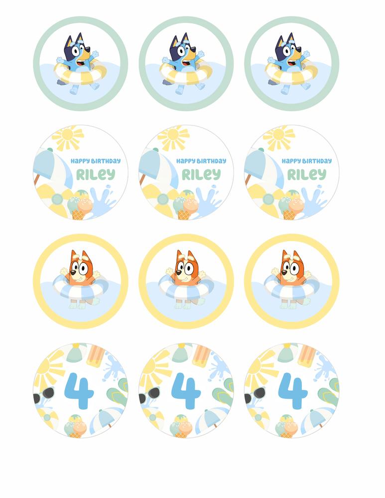 Bluey and Bingo Pool Party Cupcake Toppers | Editable Canva Template