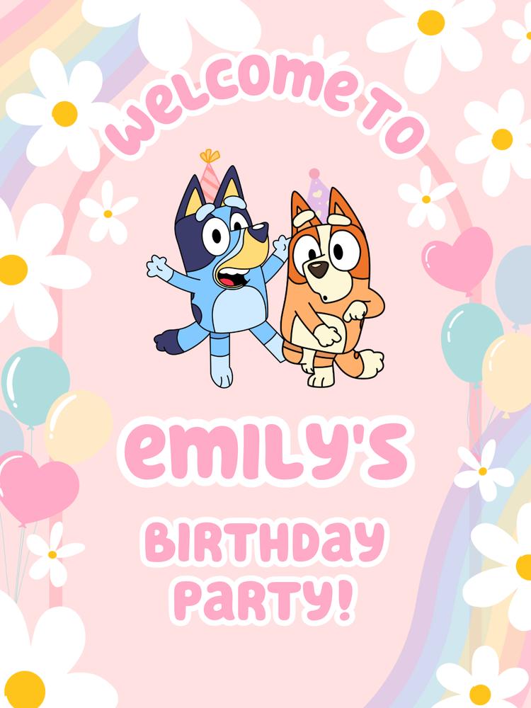 Bluey Girl Birthday Welcome Sign Template | Pink Daisy Editable Canva Poster