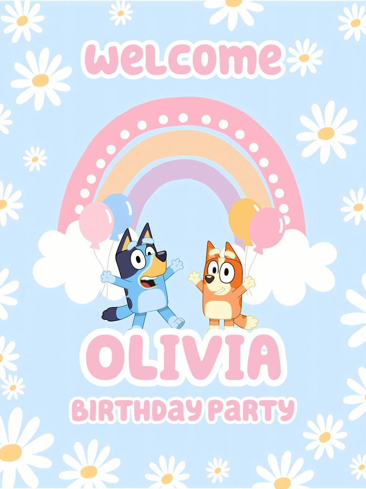Bluey Birthday Welcome Sign Template | Editable Rainbow Daisy Blue Party Decor
