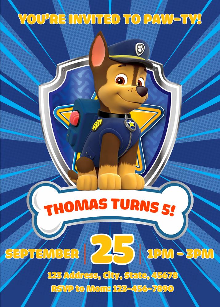Chase Patrol Birthday Invitation | Editable Canva Template | Kids Party Invite
