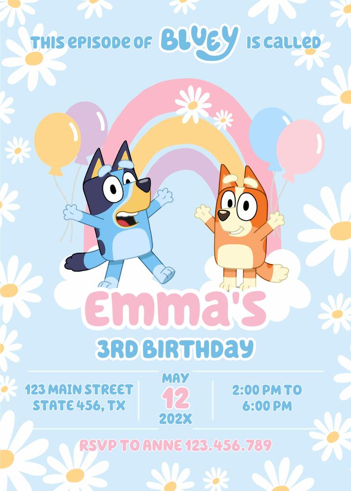 Editable Bluey and Bingo Rainbow Girl Birthday Party Invite Canva Template