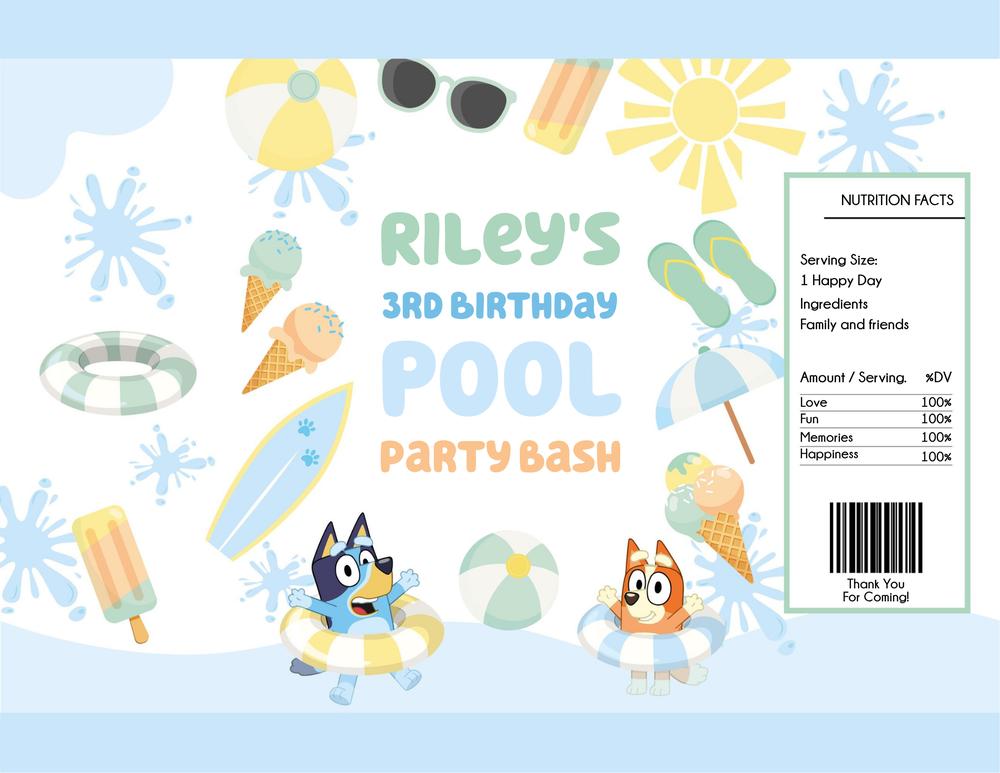 Bluey & Bingo Pool Party Chip Bag Template - Editable DIY Canva Party Favor