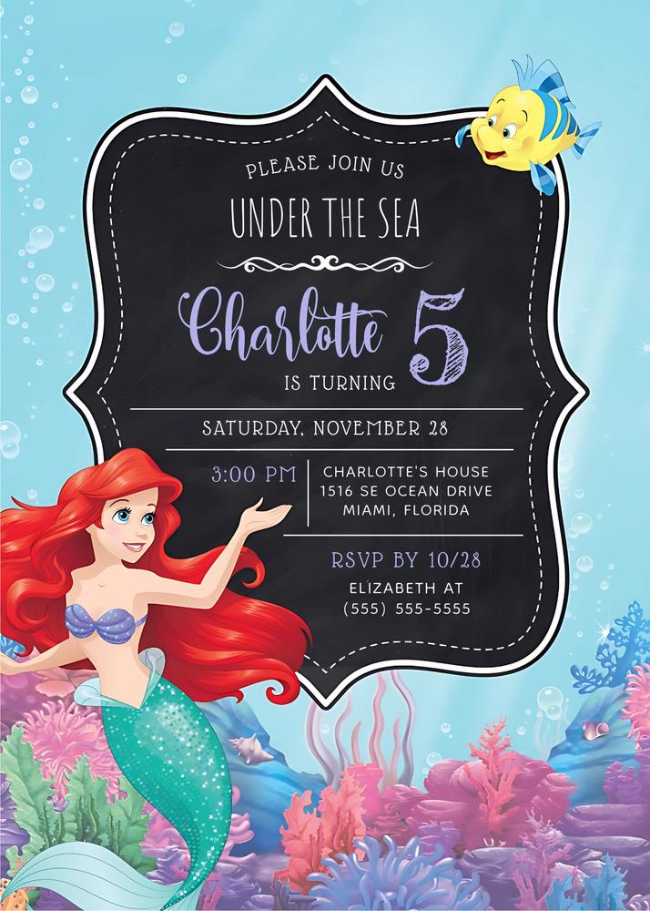Editable Ariel Little Mermaid Chalkboard Birthday Invitation - Canva Template