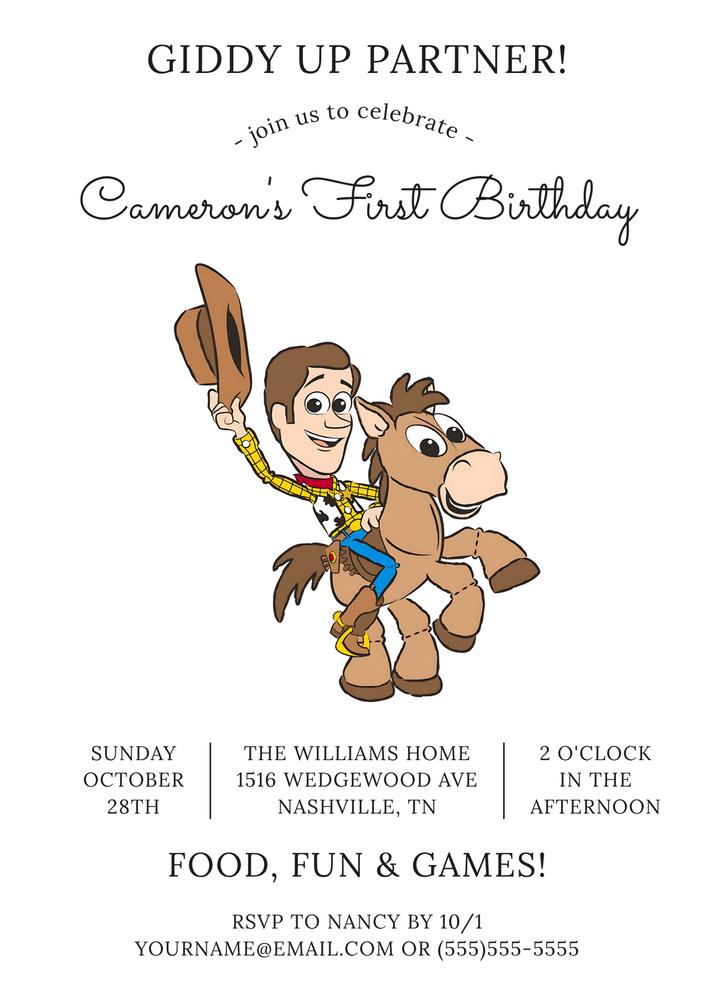 Editable Toy Story Woody 1st Birthday Invitation Template - Canva DIY