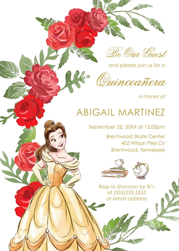 Belle Quinceañera Invitation Template | Be Our Guest Gold Floral Canva Edit