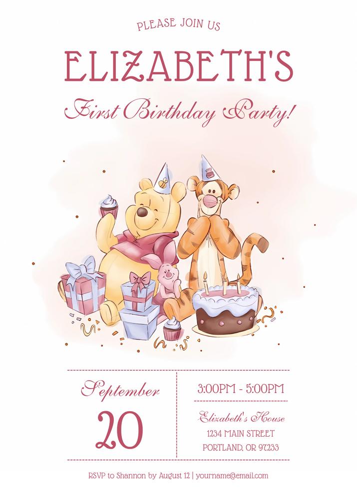 Editable Winnie the Pooh Watercolor 1st Birthday Invitation Canva Template