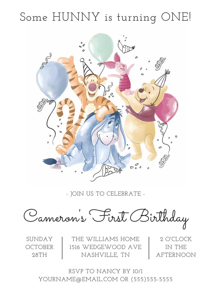 Winnie the Pooh 1st Birthday Invitation Template | Editable Canva Balloon Design