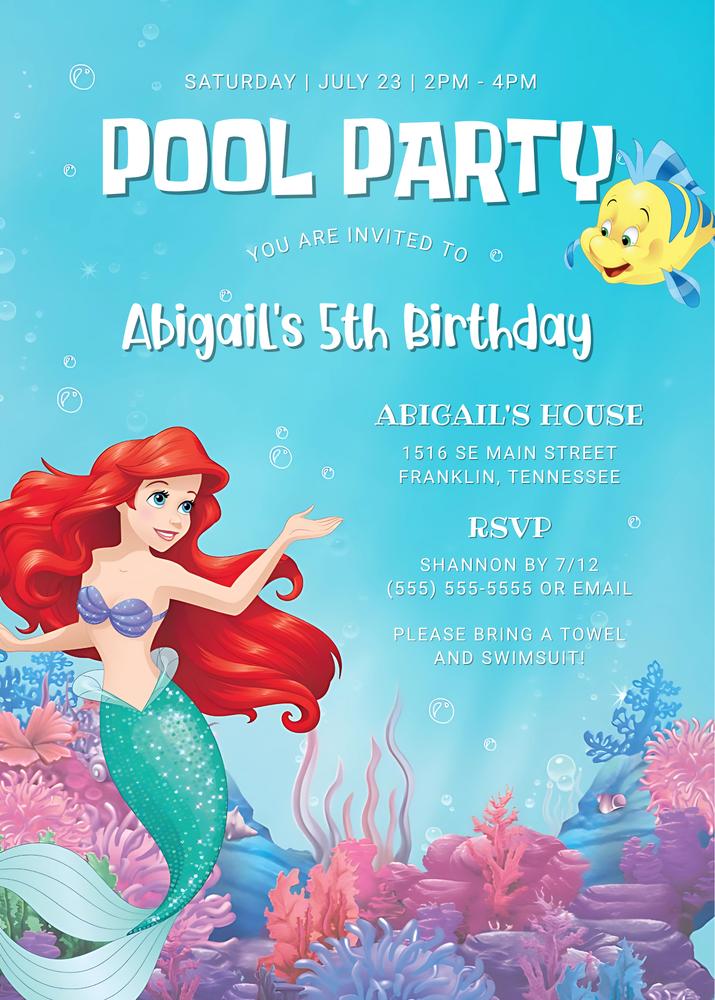 Ariel Little Mermaid Pool Party Birthday Invitation | Editable Canva Template