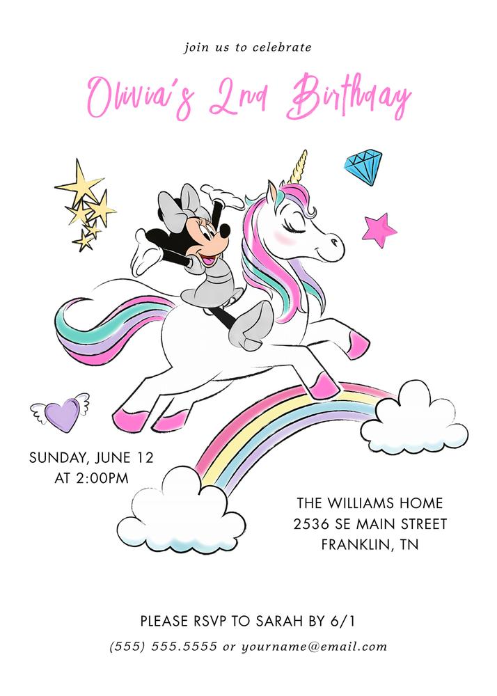Minnie Mouse Rainbow Unicorn Birthday Invitation | Editable Canva Template