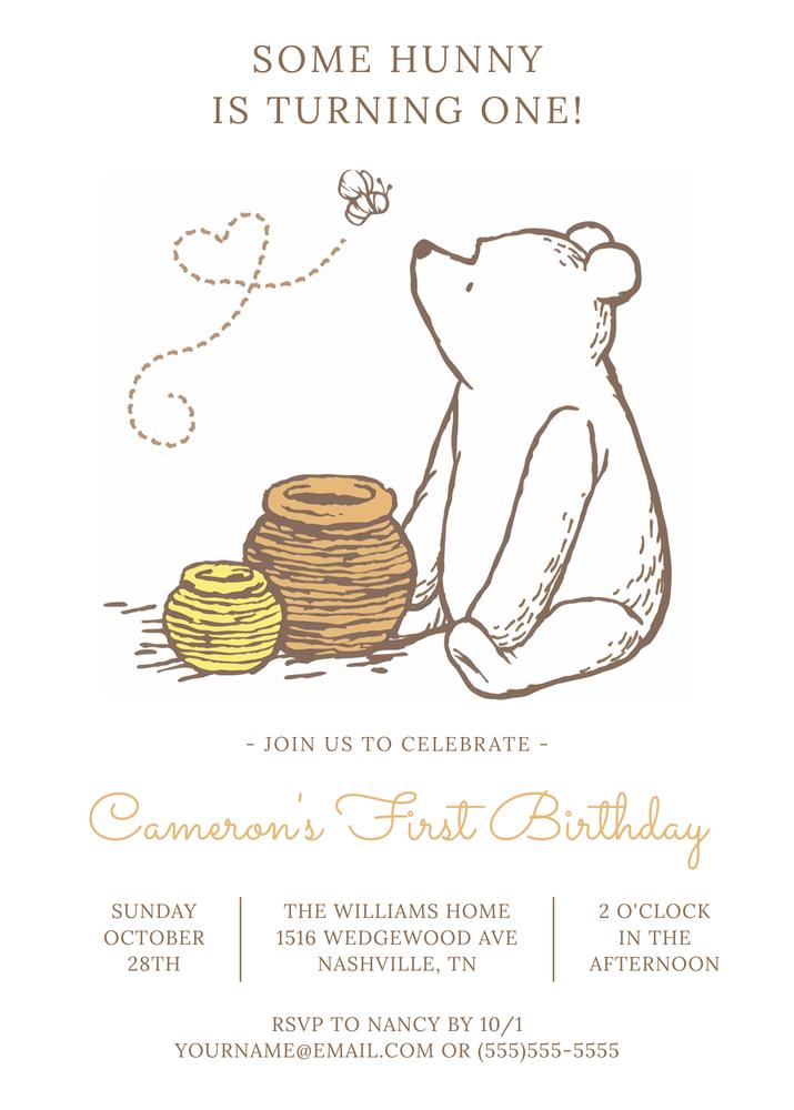 Editable Classic Winnie the Pooh First Birthday Invitation | Canva Template