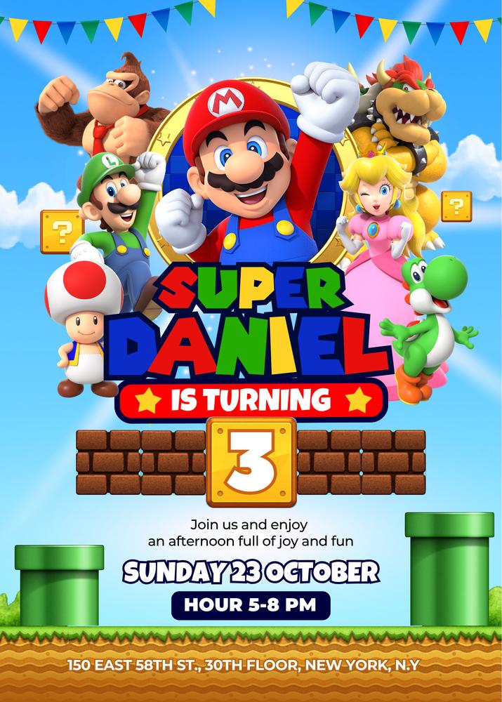 Super Mario Birthday Invitation Template | Editable Canva Mario Bros Invite