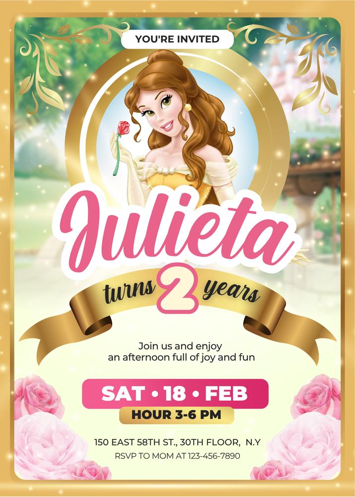 Princess Belle Birthday Invitation Template - Editable Canva Belle Party Invite