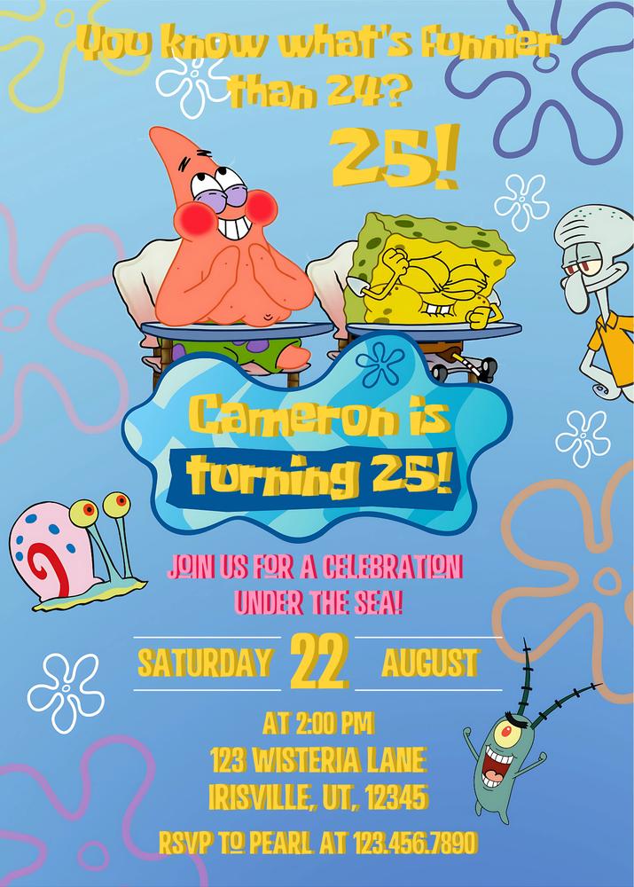 Funnier Than 24 SpongeBob 25th Birthday Invitation | Editable Canva Template
