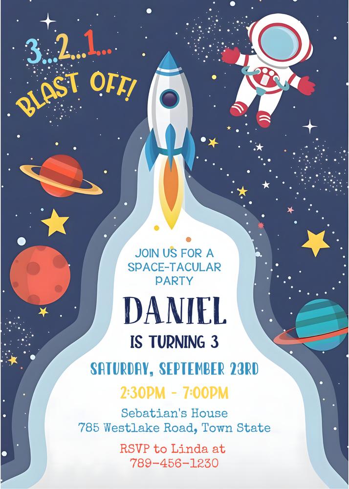 Astronaut Outer Space Birthday Invitation Template | Editable Canva Rocket Ship