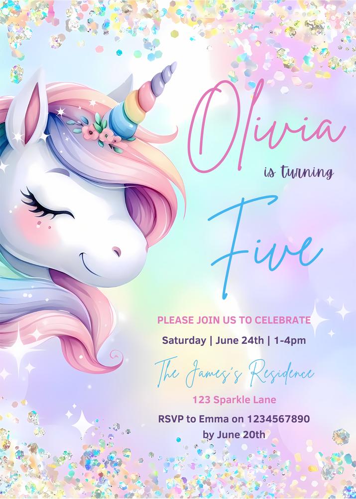 Editable Unicorn Birthday Invitation - Pastel Rainbow Sparkle Canva Template