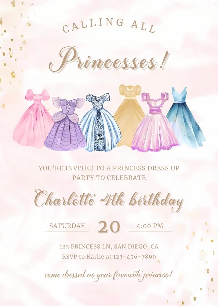 Princess Birthday Invitation | Editable Canva Template | Magical Gold & Pink