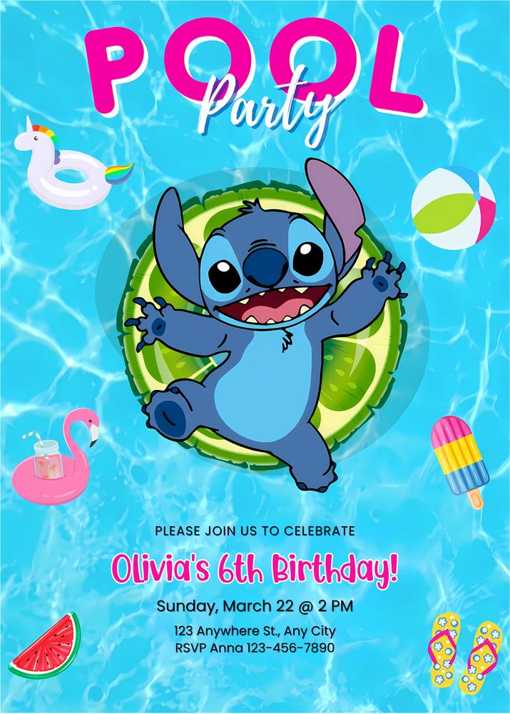 Editable Stitch Pool Party Birthday Invitation Template | Canva Instant Download