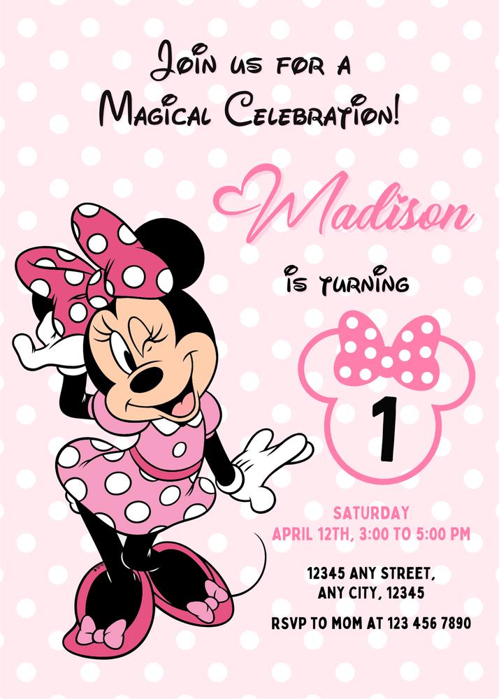 Minnie Mouse Pink Birthday Invite | Girls Editable Canva Template Evite
